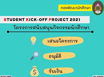 กองพัฒนานักศึกษา
เปิดรับไอเดียนักศึกษาที่ความคิดสร้างสรรค์
เพื่อของบประมาณสนับสนุน
ภายใต้โครงการพัฒนาศักยภาพของนักศึกษา
Student kick-off Project 2021
